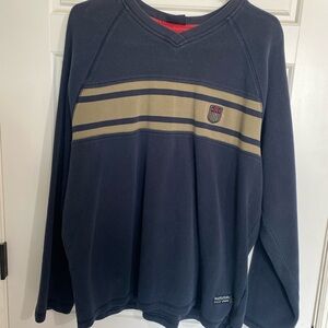 Nautica Blue V-Neck Shirt with Tan Stripes